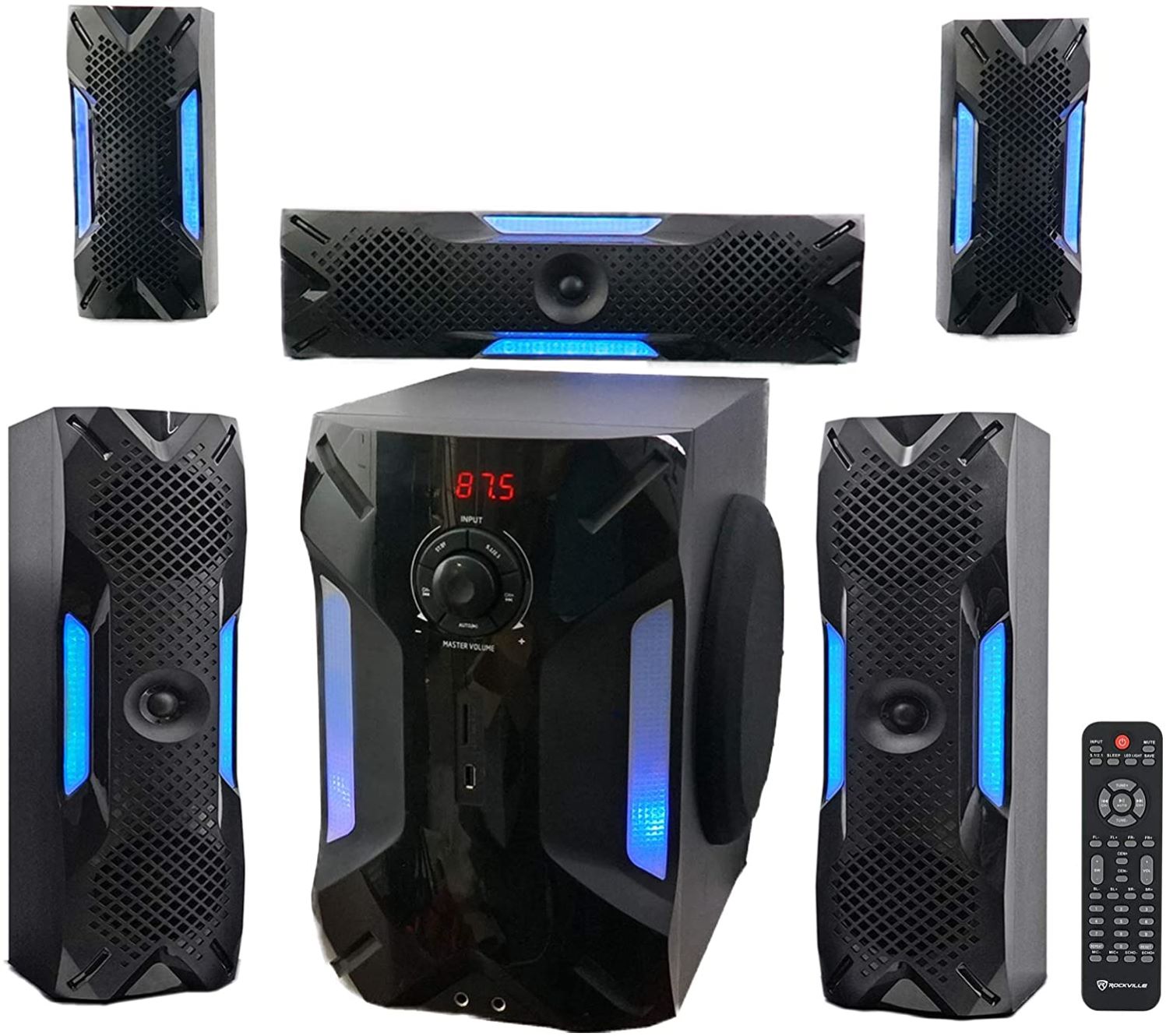 Rockville HTS56 1000w 5.1 Channel Home Theater System/Bluetooth/USB+8" Subwoofer